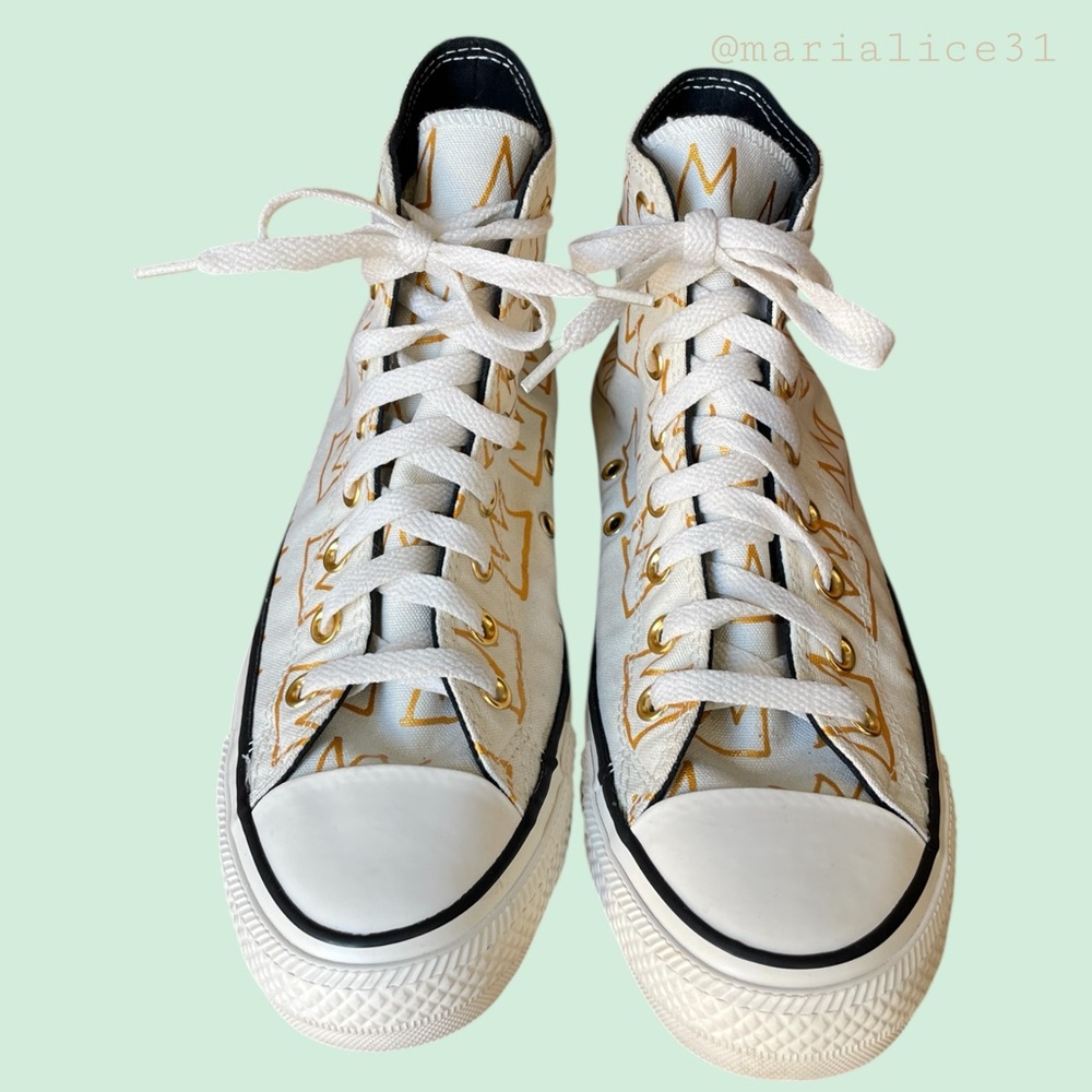 Converse x Jean Michel Basquiat Unisex High-Top Sneakers White & Gold. EUC